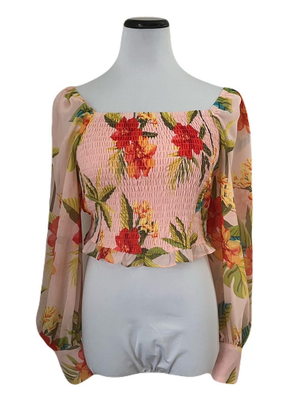 Bar III Floral Smocked Off-Shoulder Crop Top - Pink Size Medium NWOT
